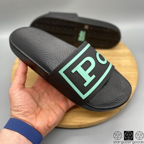 Polo Ralph Lauren Slides Mens 13 Black Mint Spell Out Slide Rubber Sandal Casual - Picture 1 of 14